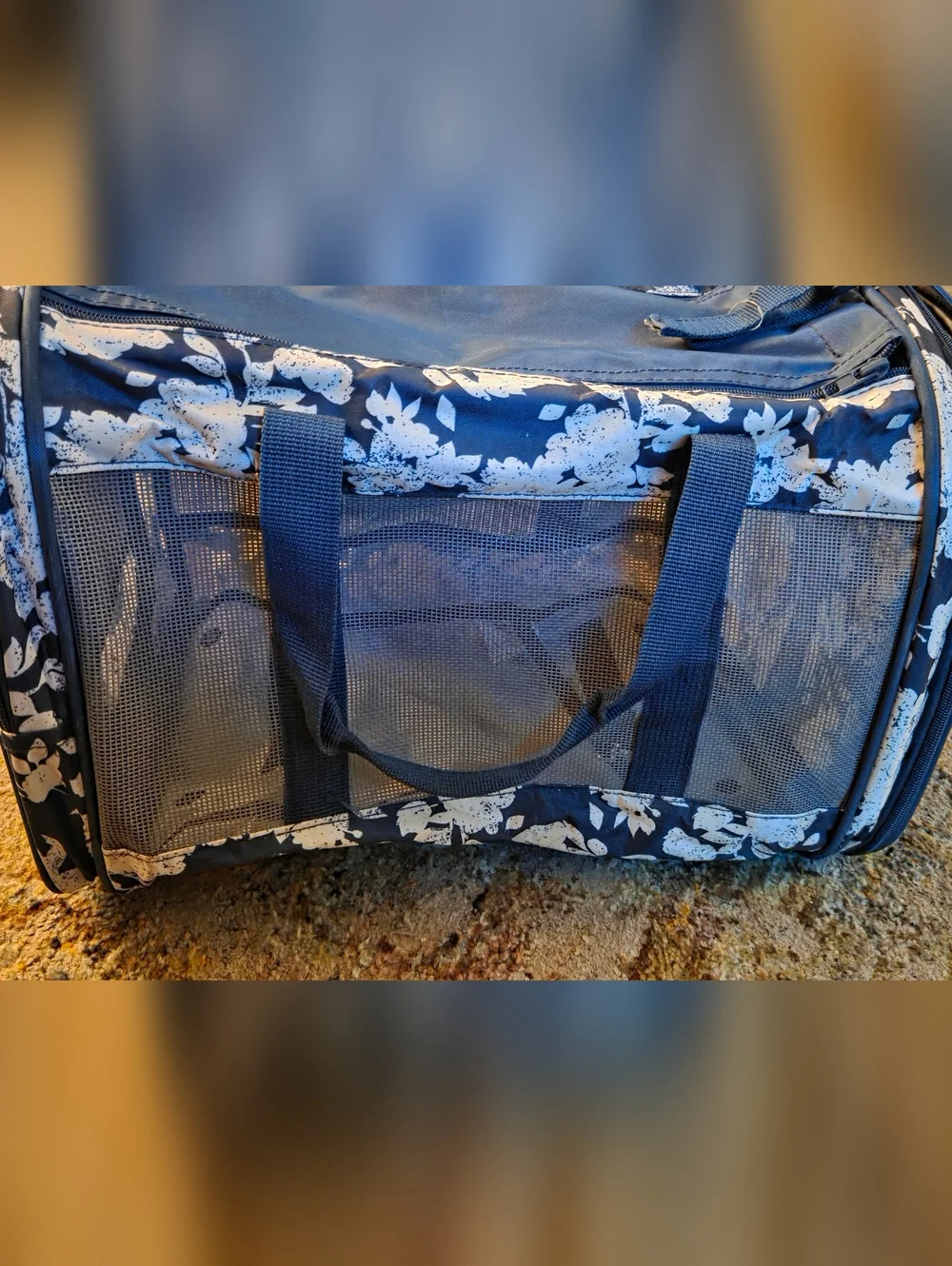 Large Navy Floral Cat Pet Carrier with Mesh Panels and Shoulder Strap
